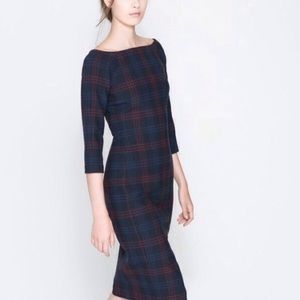 Off shoulder dark navy red blue plaid 3/4 sleeve dress XS